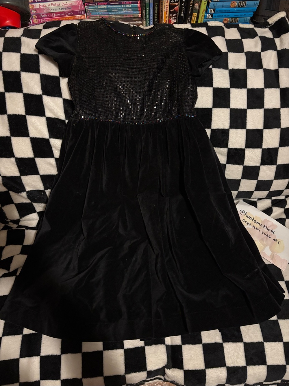 Size 8 black sequent velvet dress (some starting to come off)